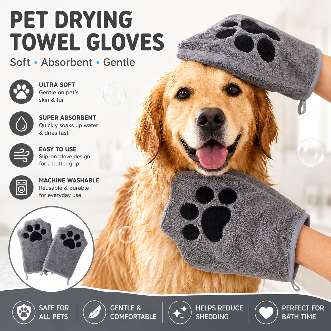 2-piece Grey Quick-drying pet grooming glove towel; made of soft, highly absorbent coral fleece; suitable for drying dogs and cats after bathing.