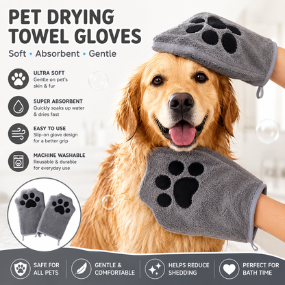 2-piece Grey Quick-drying pet grooming glove towel; made of soft, highly absorbent coral fleece; suitable for drying dogs and cats after bathing.