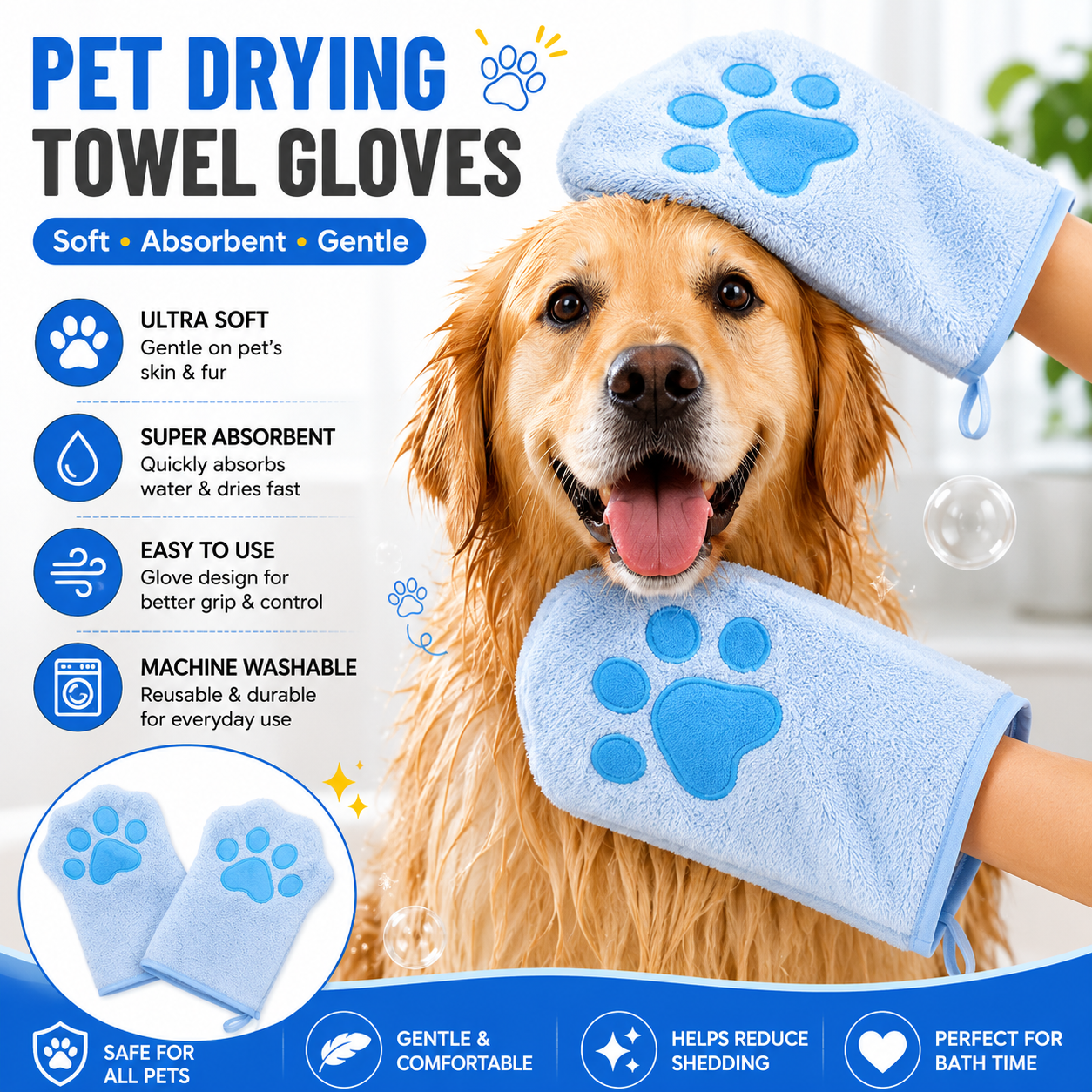 2-piece Blue Quick-drying pet grooming glove towel; made of soft, highly absorbent coral fleece; suitable for drying dogs and cats after bathing.