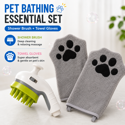 3-piece Pet Grooming Bathing Kit with 2 pack Grey Pet Drying Glove Towel and White Pet Shower Sprayer Brush Set - Coral Fleece Quick Dry Absorbent Cleaning Towel, Water Control Bath Tool for Dogs and Cats
