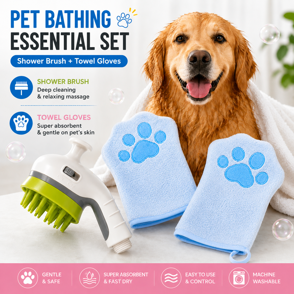 3-piece Pet Grooming Bathing Kit with 2 pack Blue Pet Drying Glove Towel and White Pet Shower Sprayer Brush Set - Coral Fleece Quick Dry Absorbent Cleaning Towel, Water Control Bath Tool for Dogs and Cats