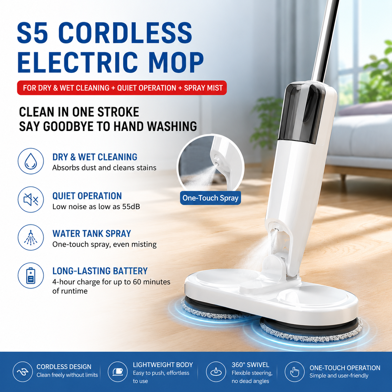 S5 White  Cordless Electric Spin Mop with Spray Function USB Rechargeable Floor Cleaner - Dual Rotating Mop Heads, Wet and Dry Cleaning, Lightweight Home Cleaning Solution for Hard Floors