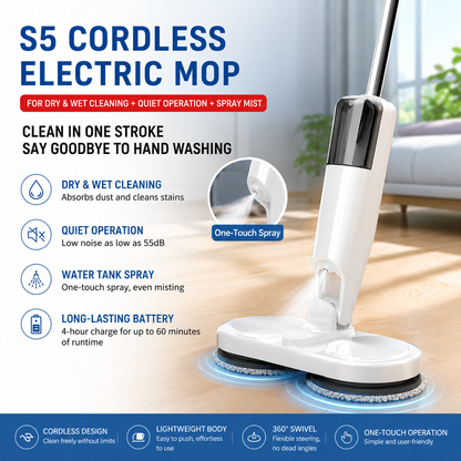 S5 White  Cordless Electric Spin Mop with Spray Function USB Rechargeable Floor Cleaner - Dual Rotating Mop Heads, Wet and Dry Cleaning, Lightweight Home Cleaning Solution for Hard Floors