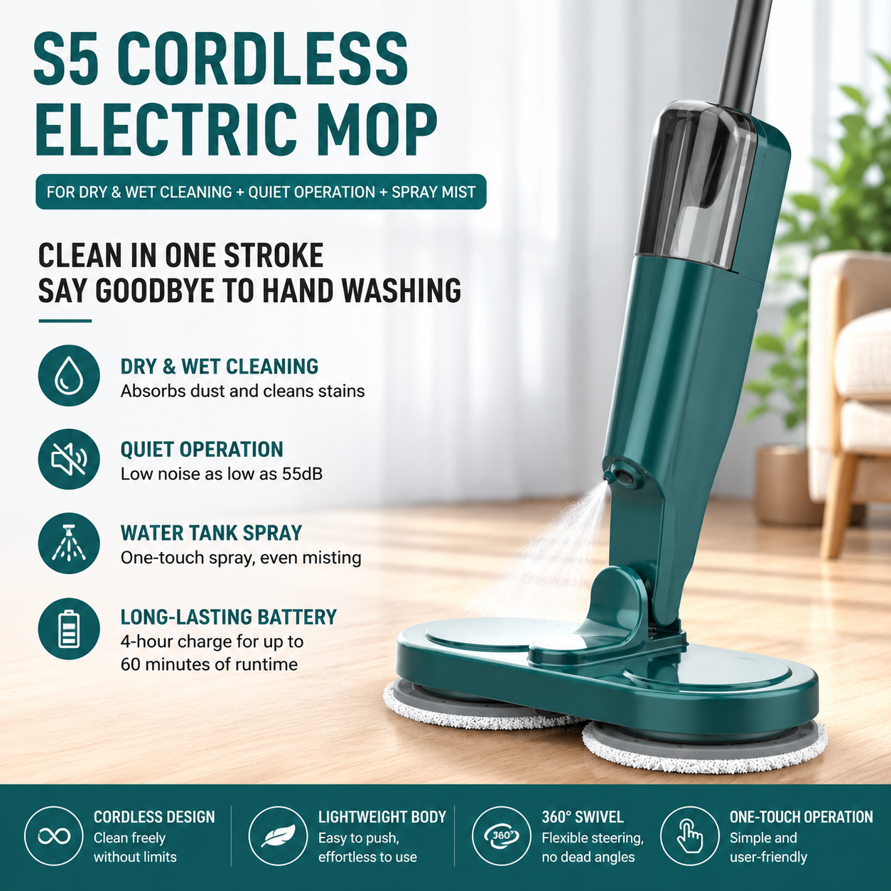 S5 Green  Cordless Electric Spin Mop with Spray Function USB Rechargeable Floor Cleaner - Dual Rotating Mop Heads, Wet and Dry Cleaning, Lightweight Home Cleaning Solution for Hard Floors