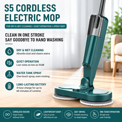 S5 Green  Cordless Electric Spin Mop with Spray Function USB Rechargeable Floor Cleaner - Dual Rotating Mop Heads, Wet and Dry Cleaning, Lightweight Home Cleaning Solution for Hard Floors