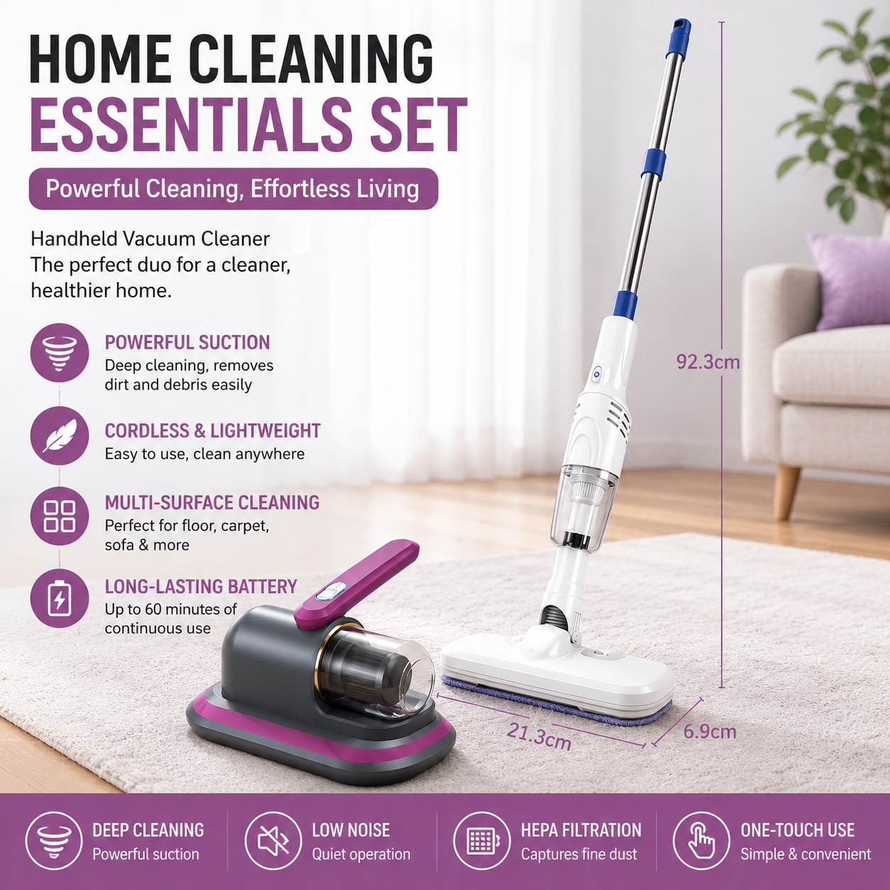 2-piece Home Cleaning  Bundle - Purple UV Mattress Mite Vacuum Cleaner & White Cordless Handheld Stick Vacuum Set, Wireless Rechargeable Home Car Pet Hair Cleaning Kit