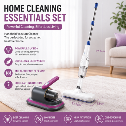 2-piece Home Cleaning  Bundle - Purple UV Mattress Mite Vacuum Cleaner & White Cordless Handheld Stick Vacuum Set, Wireless Rechargeable Home Car Pet Hair Cleaning Kit