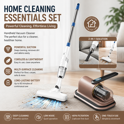 2-piece Home Cleaning  Bundle - Golden UV Mattress Mite Vacuum Cleaner & White Cordless Handheld Stick Vacuum Set, Wireless Rechargeable Home Car Pet Hair Cleaning Kit