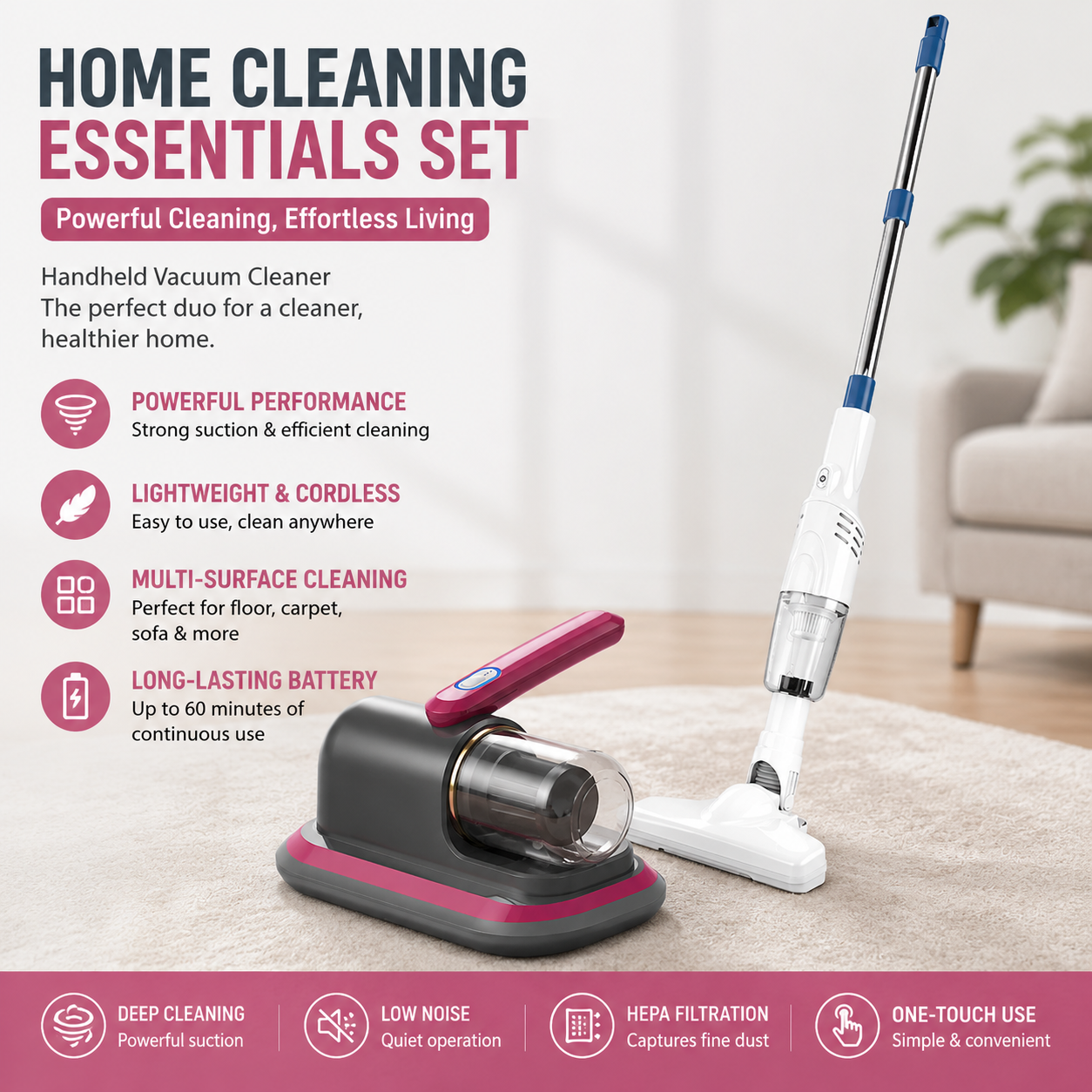 2-piece Home Cleaning  Bundle - Red UV Mattress Mite Vacuum Cleaner & White Cordless Handheld Stick Vacuum Set, Wireless Rechargeable Home Car Pet Hair Cleaning Kit