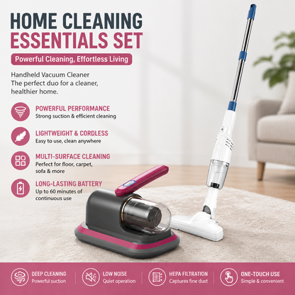 2-piece Home Cleaning  Bundle - Red UV Mattress Mite Vacuum Cleaner & White Cordless Handheld Stick Vacuum Set, Wireless Rechargeable Home Car Pet Hair Cleaning Kit