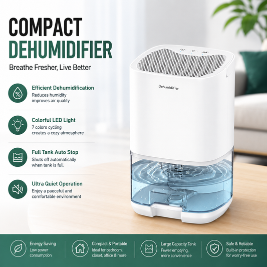 White Mini Quiet Dehumidifier for Bedroom - 1000ml Water Tank Portable Home Moisture Absorber with Air Purification Filter, RGB Night Light and Auto Shut-Off