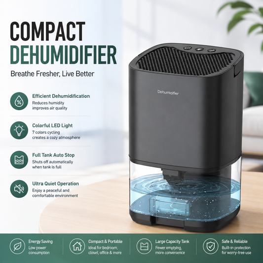 Black Mini Quiet Dehumidifier for Bedroom - 1000ml Water Tank Portable Home Moisture Absorber with Air Purification Filter, RGB Night Light and Auto Shut-Off