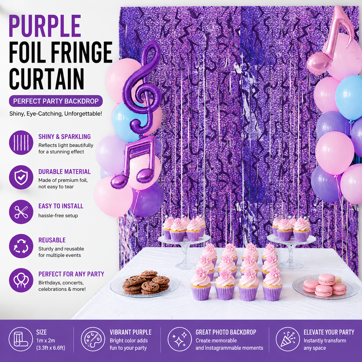 5 pcs Purple Lightning Tinsel Curtain Backdrop - Shimmer Foil Fringe Party Decoration for Birthday, Music Theme, Dance Party and Photo Booth
