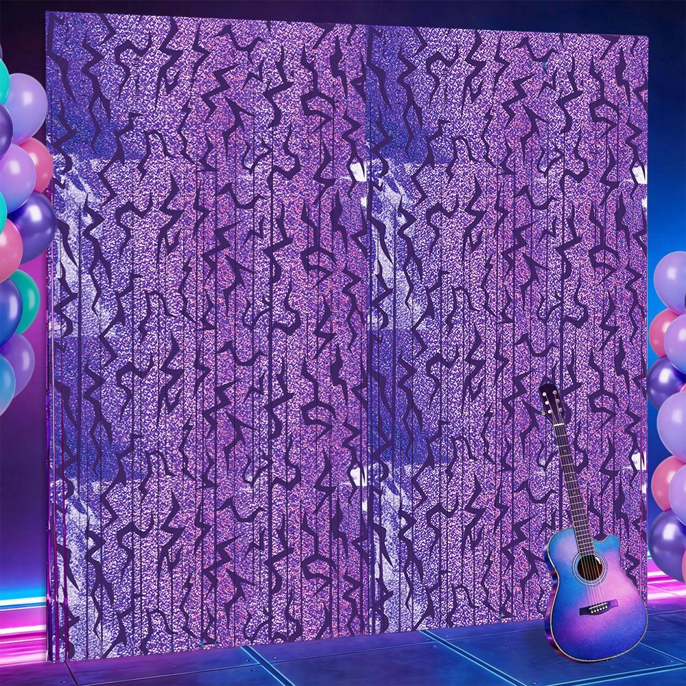 5 pcs Purple Lightning Tinsel Curtain Backdrop - Shimmer Foil Fringe Party Decoration for Birthday, Music Theme, Dance Party and Photo Booth