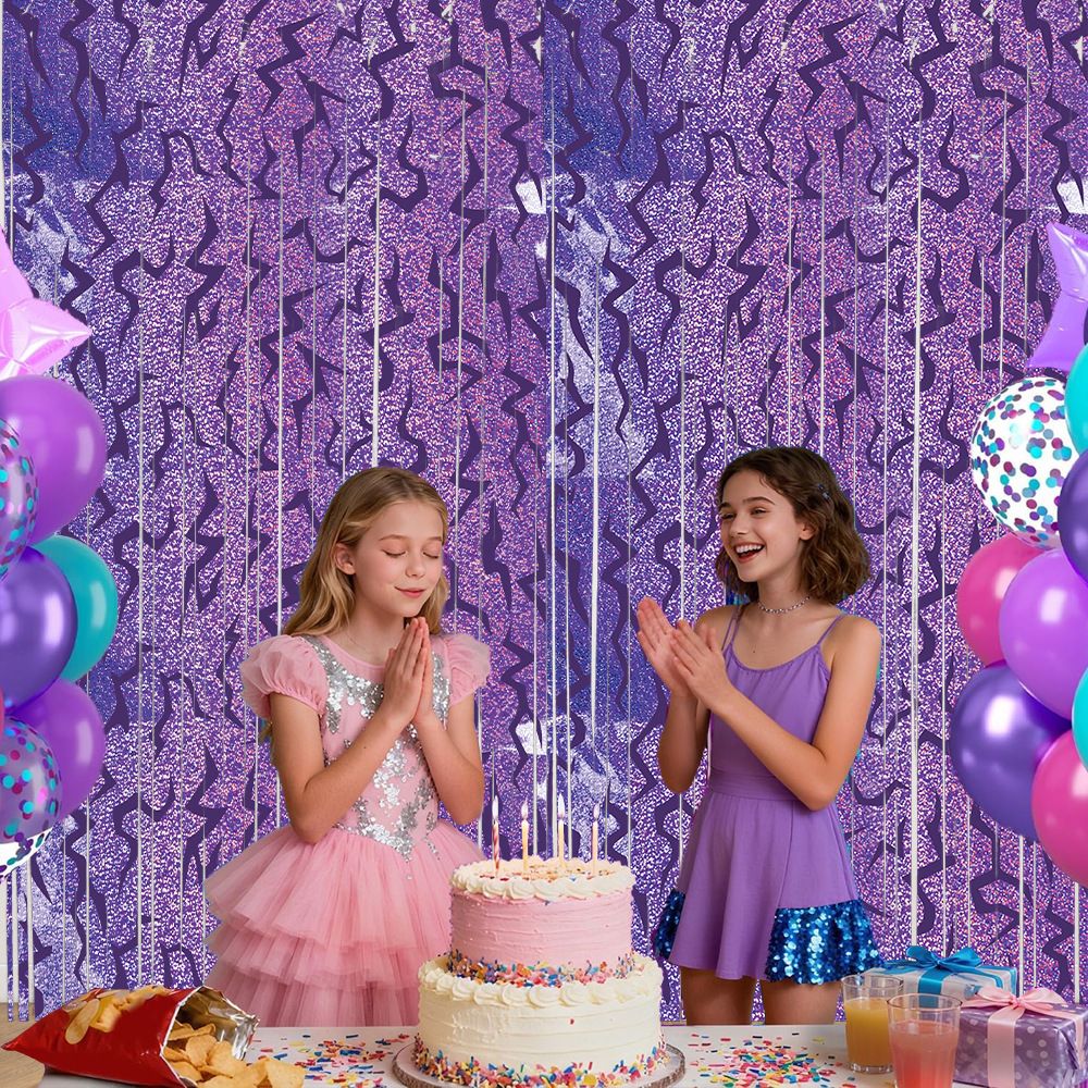 5 pcs Purple Lightning Tinsel Curtain Backdrop - Shimmer Foil Fringe Party Decoration for Birthday, Music Theme, Dance Party and Photo Booth