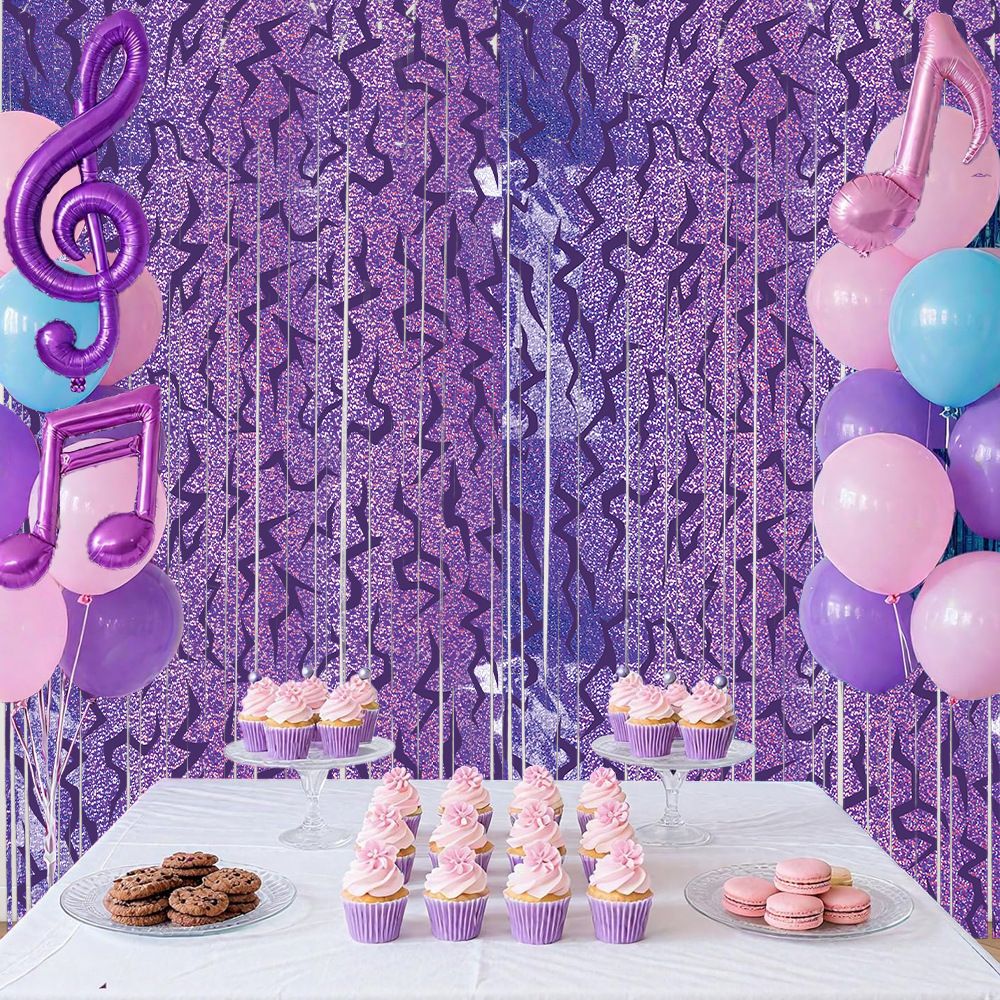 5 pcs Purple Lightning Tinsel Curtain Backdrop - Shimmer Foil Fringe Party Decoration for Birthday, Music Theme, Dance Party and Photo Booth