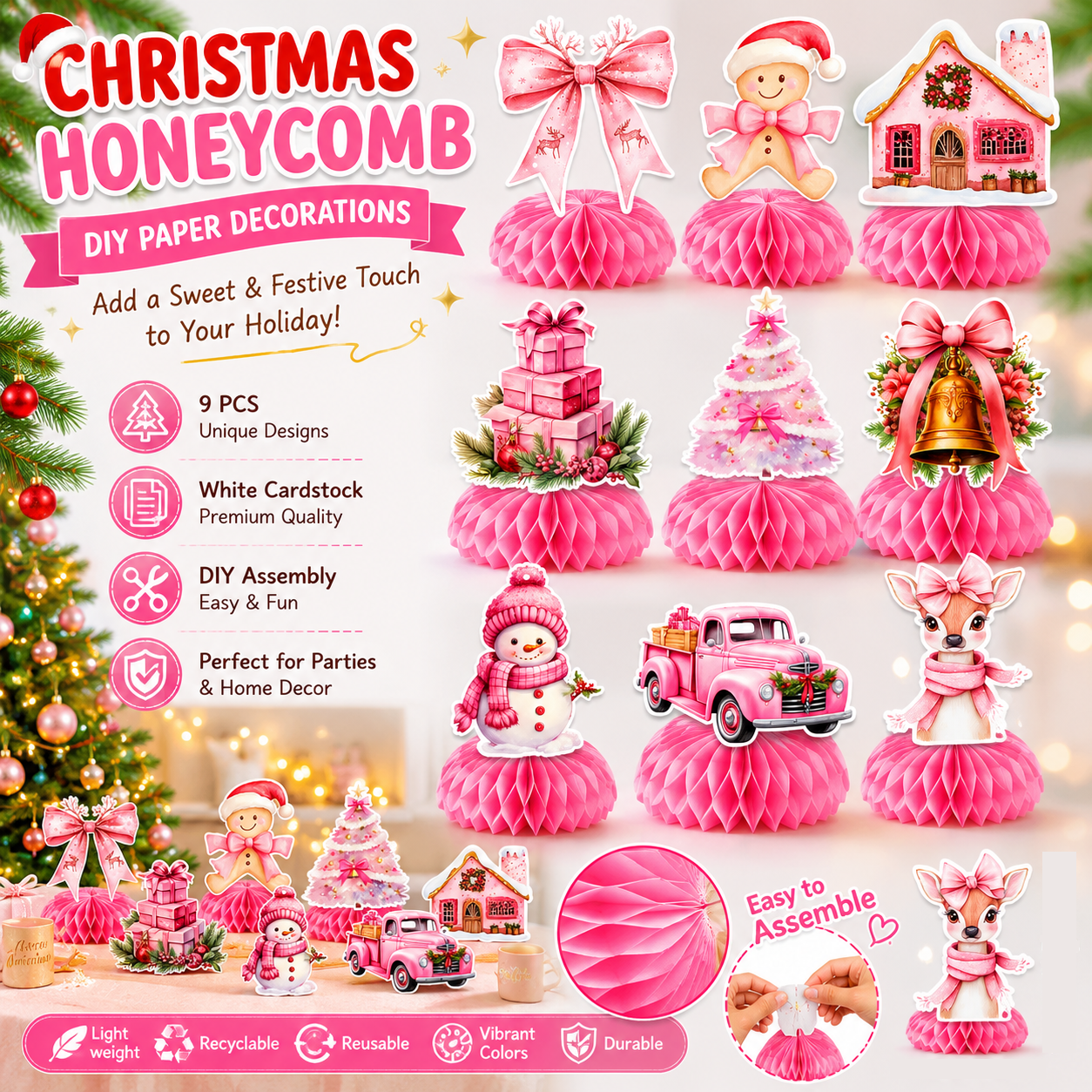 9 pcs Pink Christmas Honeycomb Table Centrepiece Set - 3D Paper Decorations with Reindeer and Snowman Designs for Holiday Party Styling