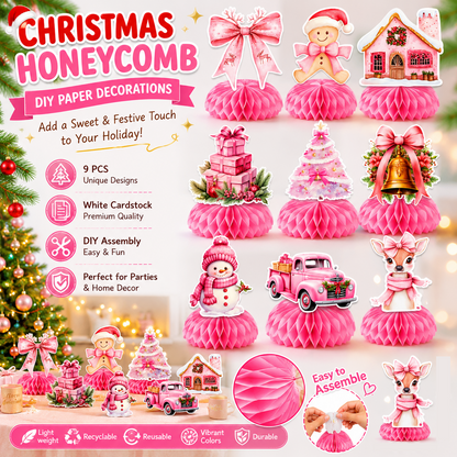 9 pcs Pink Christmas Honeycomb Table Centrepiece Set - 3D Paper Decorations with Reindeer and Snowman Designs for Holiday Party Styling