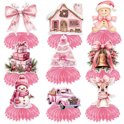 9 pcs Pink Christmas Honeycomb Table Centrepiece Set - 3D Paper Decorations with Reindeer and Snowman Designs for Holiday Party Styling