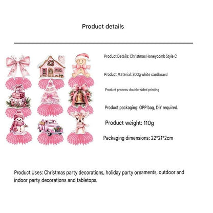 9 pcs Pink Christmas Honeycomb Table Centrepiece Set - 3D Paper Decorations with Reindeer and Snowman Designs for Holiday Party Styling