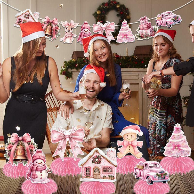 9 pcs Pink Christmas Honeycomb Table Centrepiece Set - 3D Paper Decorations with Reindeer and Snowman Designs for Holiday Party Styling