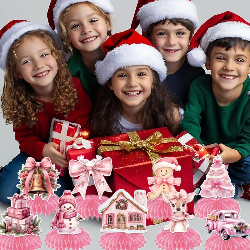 9 pcs Pink Christmas Honeycomb Table Centrepiece Set - 3D Paper Decorations with Reindeer and Snowman Designs for Holiday Party Styling