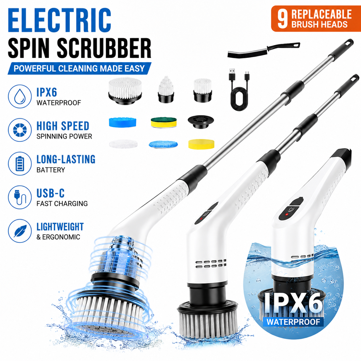 White 9 piece replaceable cleaning brush heads Electric Spin Scrubber with Extendable Handle - Cordless Rechargeable Cleaning Brush for Kitchen, Bathroom and Floors - IPX6 Waterproof, 2-Speed Motor, Long Battery Life