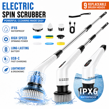 White 9 piece replaceable cleaning brush heads Electric Spin Scrubber with Extendable Handle - Cordless Rechargeable Cleaning Brush for Kitchen, Bathroom and Floors - IPX6 Waterproof, 2-Speed Motor, Long Battery Life