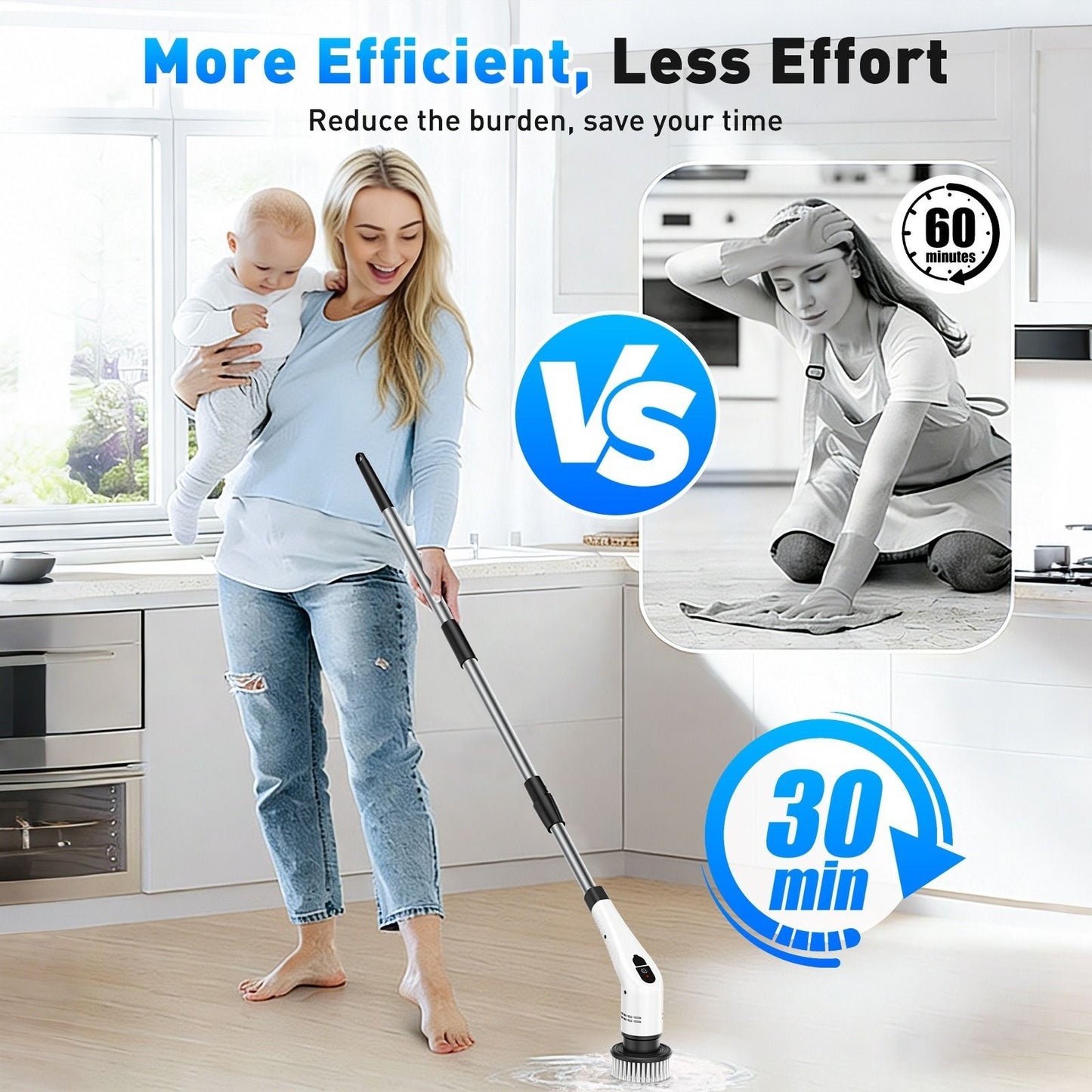White 9 piece replaceable cleaning brush heads Electric Spin Scrubber with Extendable Handle - Cordless Rechargeable Cleaning Brush for Kitchen, Bathroom and Floors - IPX6 Waterproof, 2-Speed Motor, Long Battery Life