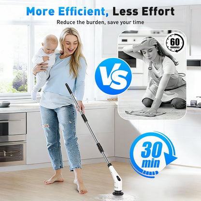 White 9 piece replaceable cleaning brush heads Electric Spin Scrubber with Extendable Handle - Cordless Rechargeable Cleaning Brush for Kitchen, Bathroom and Floors - IPX6 Waterproof, 2-Speed Motor, Long Battery Life