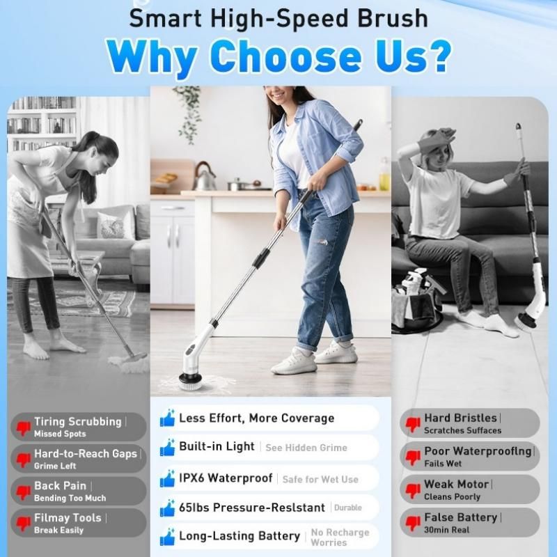 White 9 piece replaceable cleaning brush heads Electric Spin Scrubber with Extendable Handle - Cordless Rechargeable Cleaning Brush for Kitchen, Bathroom and Floors - IPX6 Waterproof, 2-Speed Motor, Long Battery Life