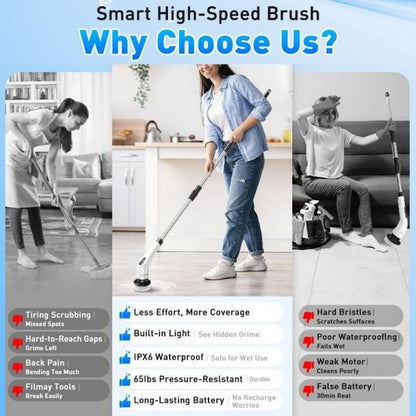White 9 piece replaceable cleaning brush heads Electric Spin Scrubber with Extendable Handle - Cordless Rechargeable Cleaning Brush for Kitchen, Bathroom and Floors - IPX6 Waterproof, 2-Speed Motor, Long Battery Life