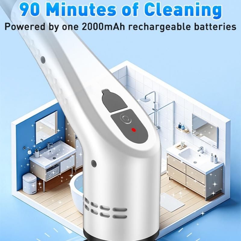 White 9 piece replaceable cleaning brush heads Electric Spin Scrubber with Extendable Handle - Cordless Rechargeable Cleaning Brush for Kitchen, Bathroom and Floors - IPX6 Waterproof, 2-Speed Motor, Long Battery Life