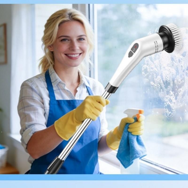 White 9 piece replaceable cleaning brush heads Electric Spin Scrubber with Extendable Handle - Cordless Rechargeable Cleaning Brush for Kitchen, Bathroom and Floors - IPX6 Waterproof, 2-Speed Motor, Long Battery Life