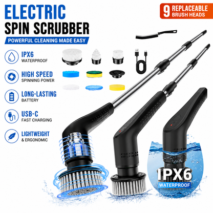 Black 9 piece replaceable cleaning brush heads Electric Spin Scrubber with Extendable Handle - Cordless Rechargeable Cleaning Brush for Kitchen, Bathroom and Floors - IPX6 Waterproof, 2-Speed Motor, Long Battery Life