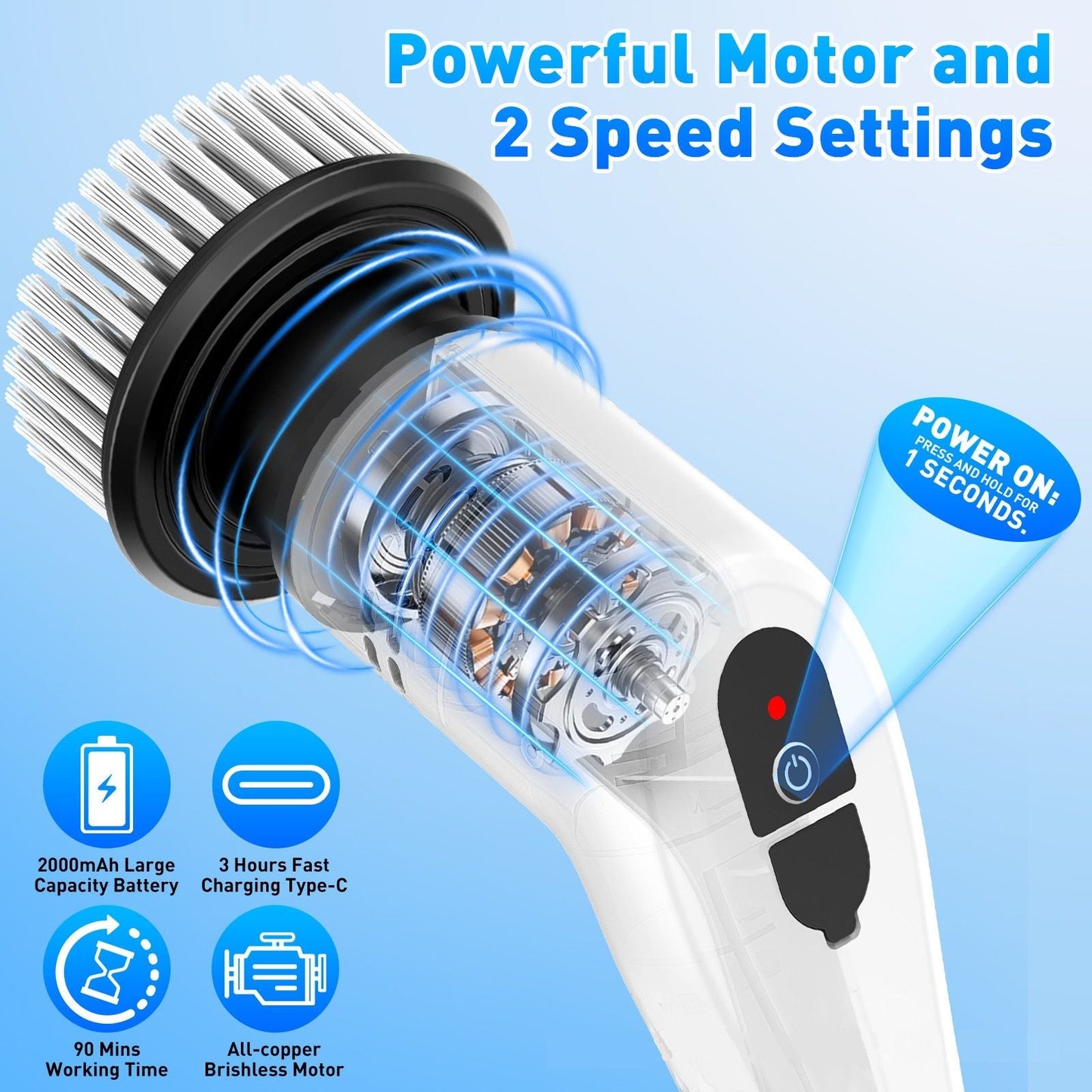 Black 9 piece replaceable cleaning brush heads Electric Spin Scrubber with Extendable Handle - Cordless Rechargeable Cleaning Brush for Kitchen, Bathroom and Floors - IPX6 Waterproof, 2-Speed Motor, Long Battery Life