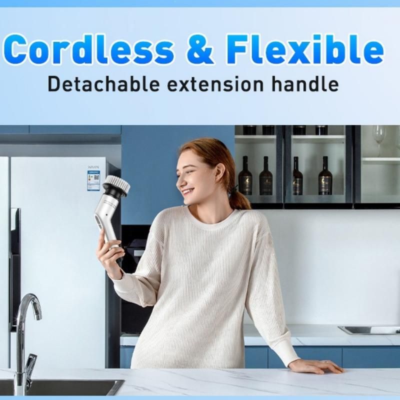 Black 9 piece replaceable cleaning brush heads Electric Spin Scrubber with Extendable Handle - Cordless Rechargeable Cleaning Brush for Kitchen, Bathroom and Floors - IPX6 Waterproof, 2-Speed Motor, Long Battery Life