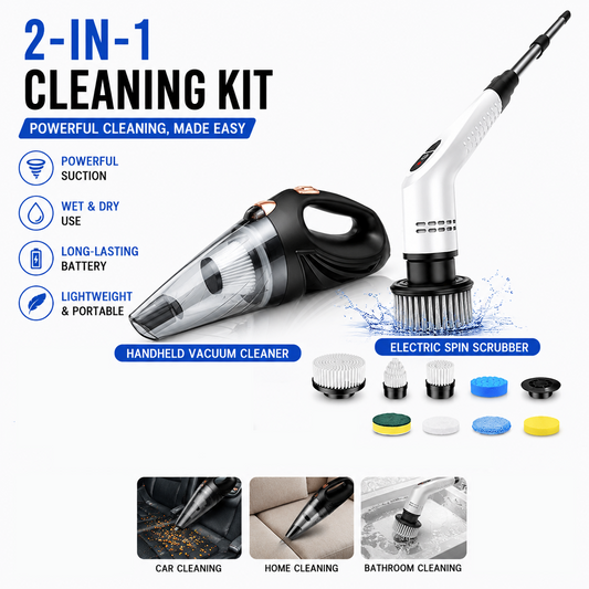 Black Cordless Car Vacuum Cleaner & White Electric Spin Scrubber Combo – Portable Handheld Wet & Dry Car Vacuum with Multi-Filter + Long-Reach Electric Floor and Kitchen Cleaning Brush Set