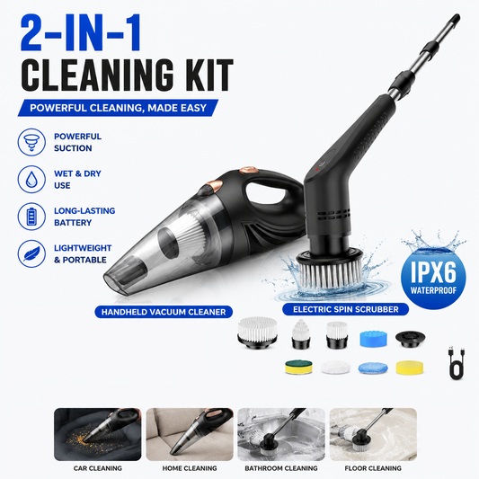 Black Cordless Car Vacuum Cleaner & Black Electric Spin Scrubber Combo – Portable Handheld Wet & Dry Car Vacuum with Multi-Filter + Long-Reach Electric Floor and Kitchen Cleaning Brush Set