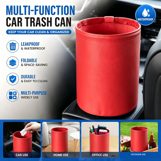 Red Car Trash Can - Foldable Dual-Layer Waterproof Car Garbage Bin , Space-Saving, Easy Clean, Portable Storage for Vehicle Interior, Durable Faux Leather Material