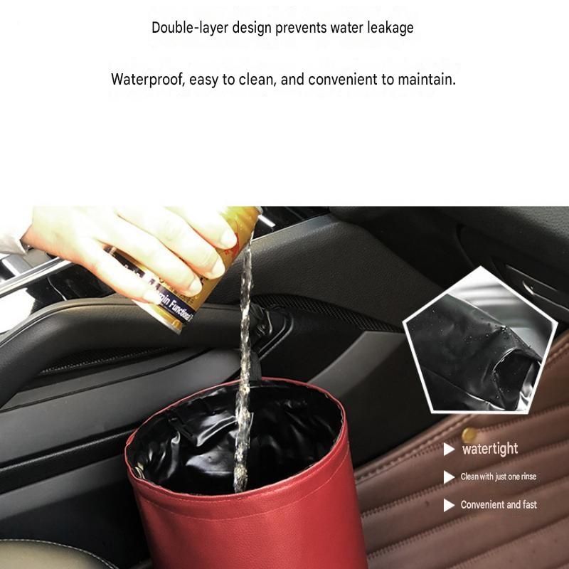 Red Car Trash Can - Foldable Dual-Layer Waterproof Car Garbage Bin , Space-Saving, Easy Clean, Portable Storage for Vehicle Interior, Durable Faux Leather Material