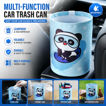 panda pattern Car Blue Trash Can - Foldable Dual-Layer Waterproof Car Garbage Bin , Space-Saving, Easy Clean, Portable Storage for Vehicle Interior, Durable Faux Leather Material