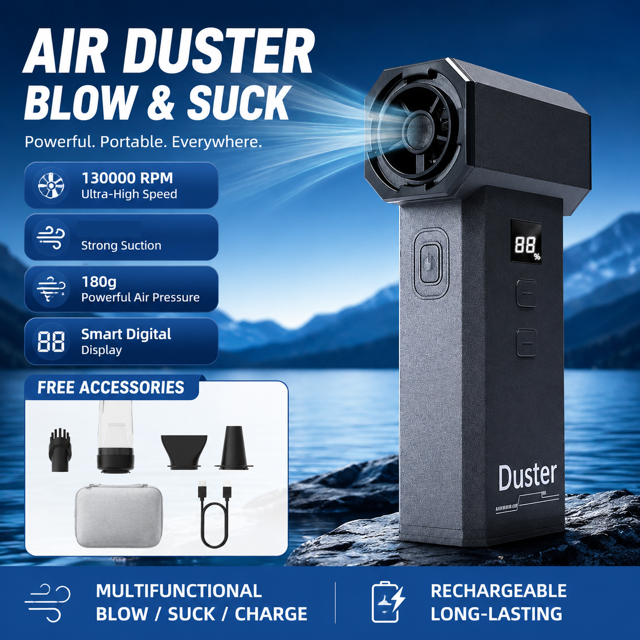 Black  High-speed Handheld Turbo Vacuum and Blower set– ABS Portable Multifunction Duster – 130000 RPM, 8000Pa Suction, 180g Air Pressure, Quick Charge, Multi-Scenario Cleaning for Home, Car, Electronics