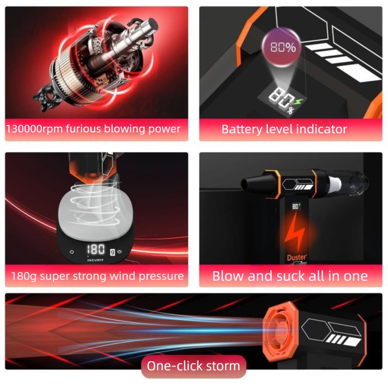 Black  High-speed Handheld Turbo Vacuum and Blower set– ABS Portable Multifunction Duster – 130000 RPM, 8000Pa Suction, 180g Air Pressure, Quick Charge, Multi-Scenario Cleaning for Home, Car, Electronics