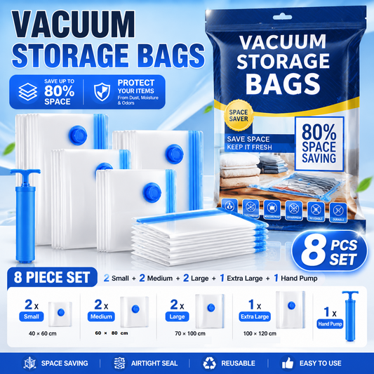 8-piece Vacuum Storage Bags Set(2 small, 2 medium, 2 large, 1 extra large, 1 hand pump)- Heavy Duty Space Saving Compression Bags for Clothes Quilts Bedding Moisture Proof Wardrobe Organisation Travel Storage Reusable Durable Seal