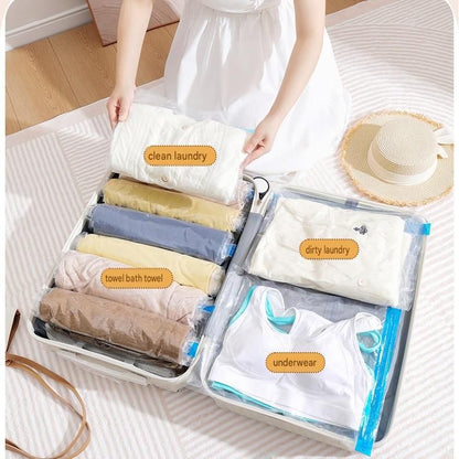 8-piece Vacuum Storage Bags Set(2 small, 2 medium, 2 large, 1 extra large, 1 hand pump)- Heavy Duty Space Saving Compression Bags for Clothes Quilts Bedding Moisture Proof Wardrobe Organisation Travel Storage Reusable Durable Seal