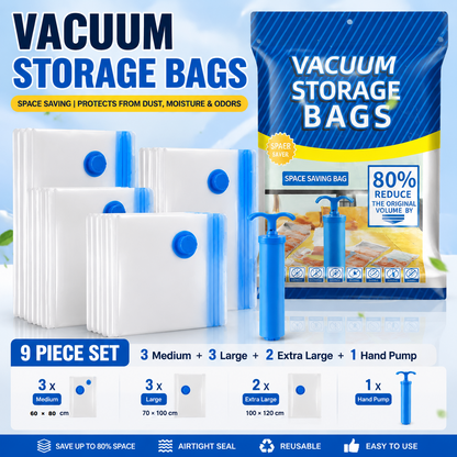9-piece Vacuum Storage Bags Set(3 medium, 3 large, 2 extra large, 1 hand pump)- Heavy Duty Space Saving Compression Bags for Clothes Quilts Bedding Moisture Proof Wardrobe Organisation Travel Storage Reusable Durable Seal