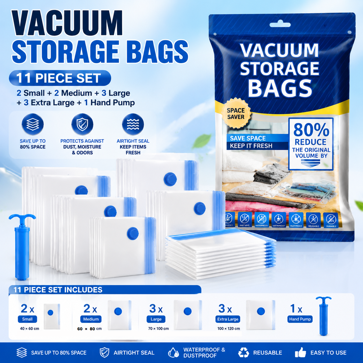 11-piece Vacuum Storage Bags Set(2 small, 2 medium, 3 large, 3 extra large, 1 hand pump)- Heavy Duty Space Saving Compression Bags for Clothes Quilts Bedding Moisture Proof Wardrobe Organisation Travel Storage Reusable Durable Seal