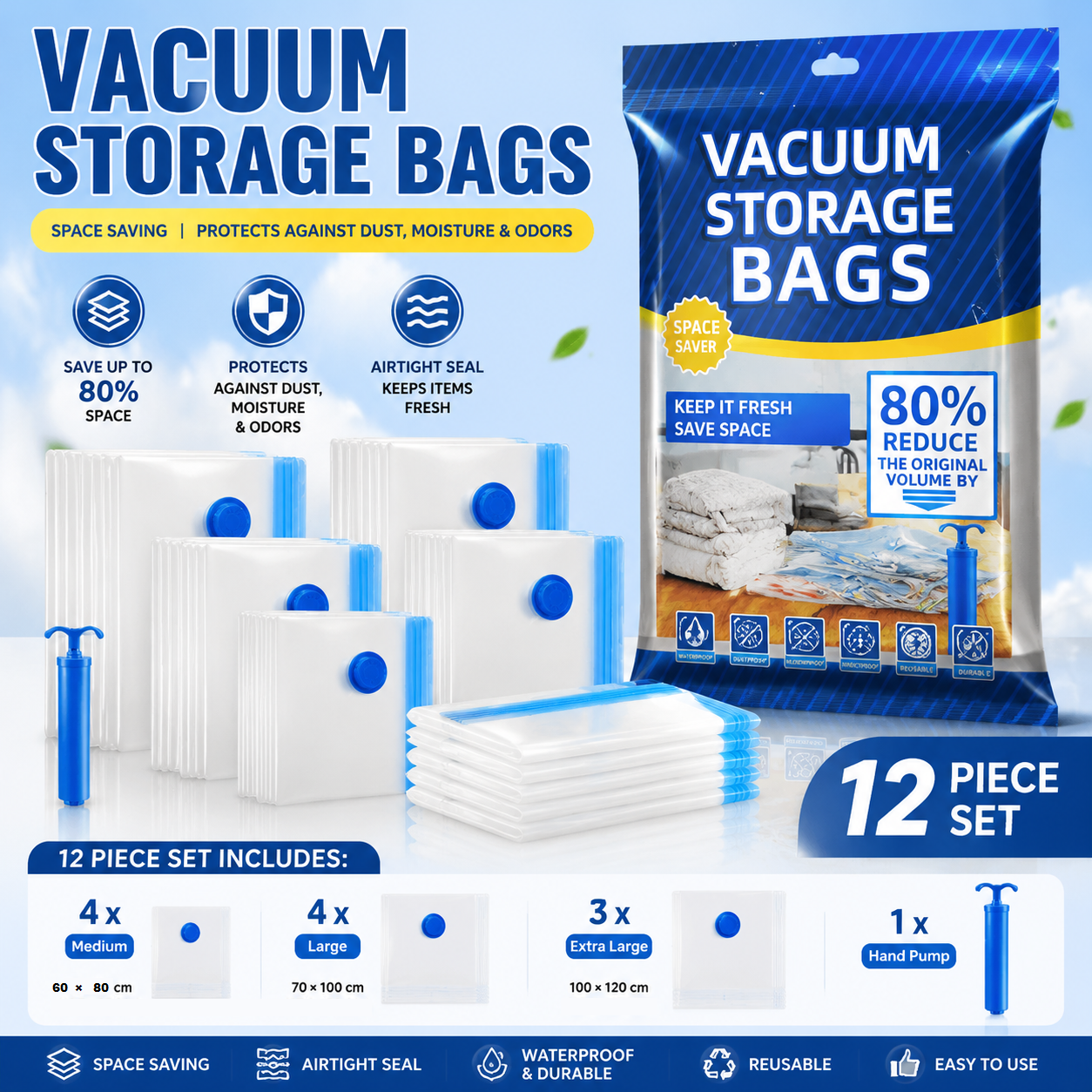 12-piece Vacuum Storage Bags Set(4 medium, 4 large, 3 extra large, 1 hand pump)- Heavy Duty Space Saving Compression Bags for Clothes Quilts Bedding Moisture Proof Wardrobe Organisation Travel Storage Reusable Durable Seal