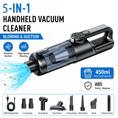 Black and Grey Cordless Handheld Vacuum Cleaner 17000Pa High Suction Portable Rechargeable 5 in 1 Car Home Cleaning Device Multi Function Dust Removal Tool Lightweight Easy Clean ECO MAX Modes